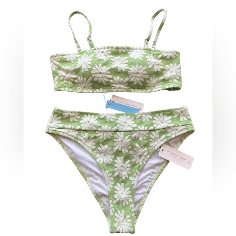 Cupshe two piece bikini swim white green flowers medium NWT